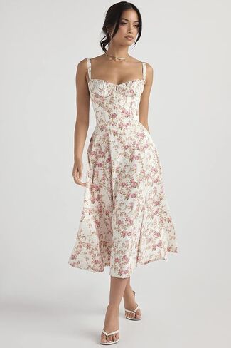 Floral Bustier Midriff Waist Shaper Dress, Print Bustier Sundress Sundresses for Women Slit Long Printed Dress in Saudi Arabia