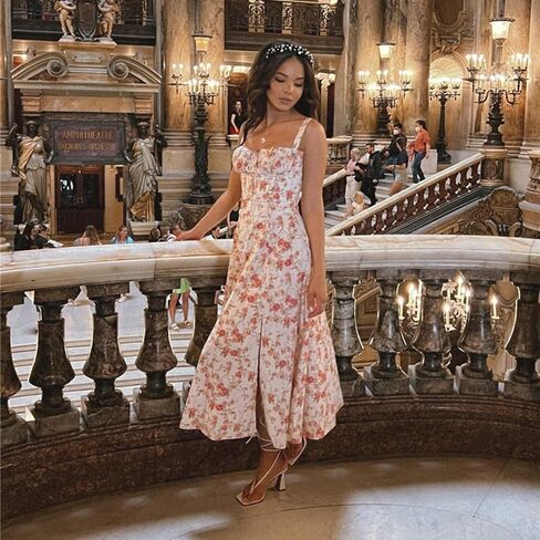 Floral Bustier Midriff Waist Shaper Dress, Print Bustier Sundress Sundresses for Women Slit Long Printed Dress in Saudi Arabia