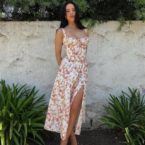 Floral Bustier Midriff Waist Shaper Dress, Print Bustier Sundress Sundresses for Women Slit Long Printed Dress in Saudi Arabia