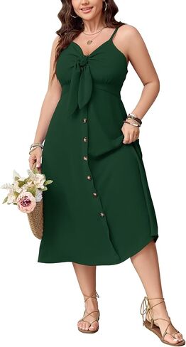 SCOMCHIC Plus Size Summer Dresses Tie Front V-Neck Spaghetti Strap Button Down A-Line Midi Dress in Saudi Arabia