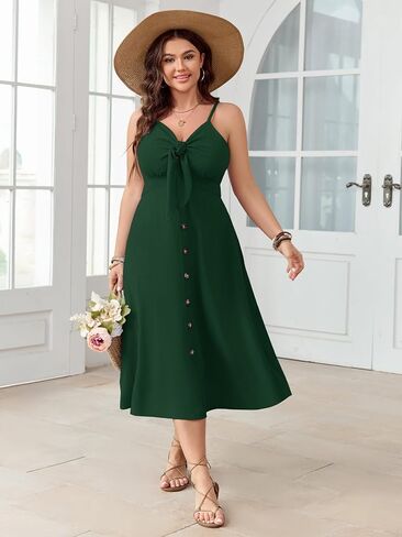 SCOMCHIC Plus Size Summer Dresses Tie Front V-Neck Spaghetti Strap Button Down A-Line Midi Dress in Saudi Arabia