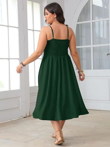 SCOMCHIC Plus Size Summer Dresses Tie Front V-Neck Spaghetti Strap Button Down A-Line Midi Dress in Saudi Arabia