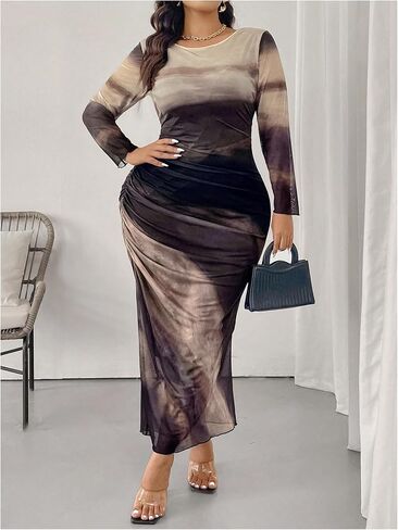 Floerns Women's Plus Tie Tie Dye Long Sleeve Mesh Party Bodycon Long in Saudi Arabia