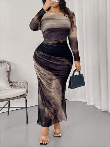 Floerns Women's Plus Tie Tie Dye Long Sleeve Mesh Party Bodycon Long in Saudi Arabia