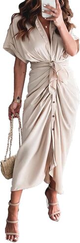 Sexyshine Women's Satin Button Down Shirt Dress Lapel V Neck Short Sleeve Tie Waist Ruched Wrap Cocktail Party Midi Dresses in Kuwait