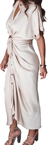 Sexyshine Women's Satin Button Down Shirt Dress Lapel V Neck Short Sleeve Tie Waist Ruched Wrap Cocktail Party Midi Dresses in Kuwait