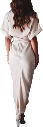 Sexyshine Women's Satin Button Down Shirt Dress Lapel V Neck Short Sleeve Tie Waist Ruched Wrap Cocktail Party Midi Dresses in Kuwait