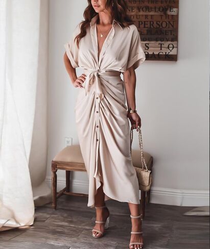Sexyshine Women's Satin Button Down Shirt Dress Lapel V Neck Short Sleeve Tie Waist Ruched Wrap Cocktail Party Midi Dresses in Kuwait