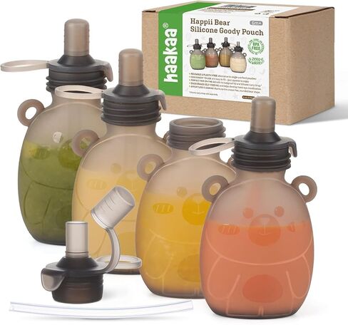 haakaa Happii Bear Silicone Goody Pouch Combo,Reusable Baby Food Pouches for Homemade Organic Purees, Juices, Smoothies, and Yogurt - Perfect for Toddlers and Kids - 2 Pack, 6oz+9oz in Kuwait