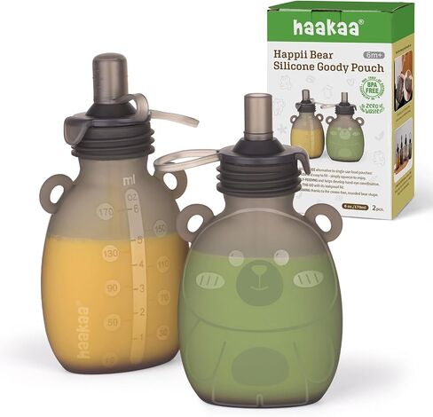 haakaa Happii Bear Silicone Goody Pouch Combo,Reusable Baby Food Pouches for Homemade Organic Purees, Juices, Smoothies, and Yogurt - Perfect for Toddlers and Kids - 2 Pack, 6oz+9oz in Kuwait