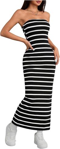 Milumia Women's Striped Tube Maxi Dress Ribbed Knit Strapless Split Backless Wedding Patrty Club Bodycon Long Dresses in Saudi Arabia