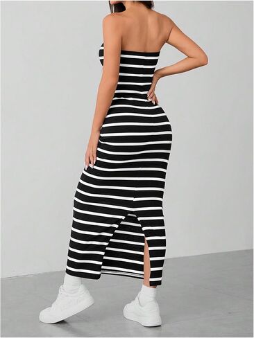 Milumia Women's Striped Tube Maxi Dress Ribbed Knit Strapless Split Backless Wedding Patrty Club Bodycon Long Dresses in Saudi Arabia