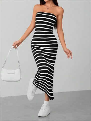 Milumia Women's Striped Tube Maxi Dress Ribbed Knit Strapless Split Backless Wedding Patrty Club Bodycon Long Dresses in Saudi Arabia