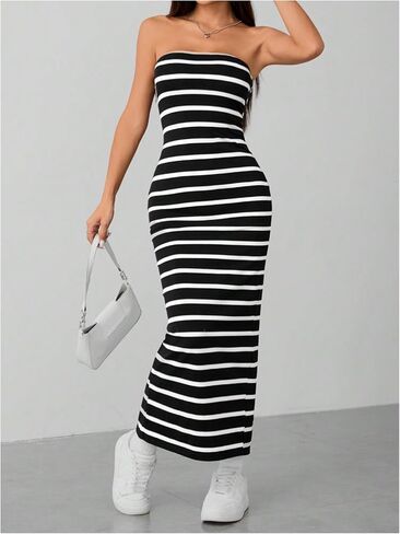Milumia Women's Striped Tube Maxi Dress Ribbed Knit Strapless Split Backless Wedding Patrty Club Bodycon Long Dresses in Saudi Arabia