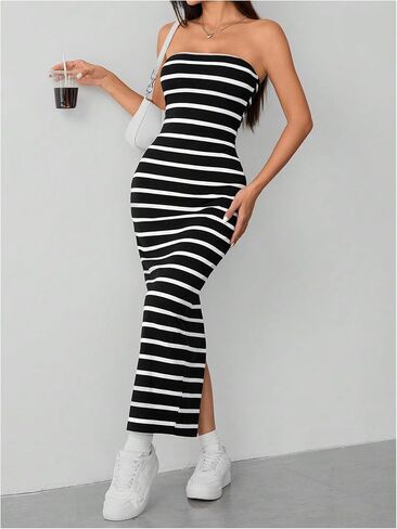 Milumia Women's Striped Tube Maxi Dress Ribbed Knit Strapless Split Backless Wedding Patrty Club Bodycon Long Dresses in Saudi Arabia