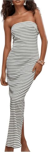 Milumia Women's Striped Tube Maxi Dress Ribbed Knit Strapless Split Backless Wedding Patrty Club Bodycon Long Dresses in Saudi Arabia
