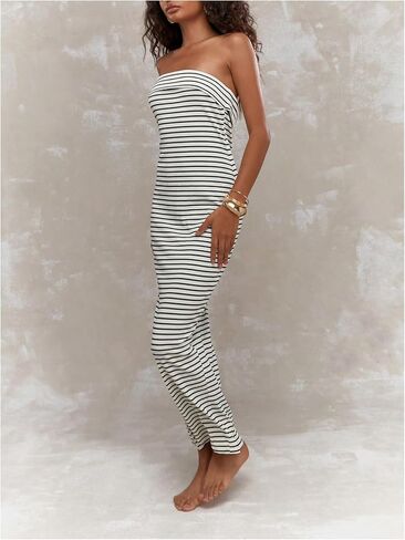 Milumia Women's Striped Tube Maxi Dress Ribbed Knit Strapless Split Backless Wedding Patrty Club Bodycon Long Dresses in Saudi Arabia