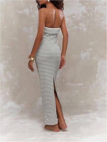 Milumia Women's Striped Tube Maxi Dress Ribbed Knit Strapless Split Backless Wedding Patrty Club Bodycon Long Dresses in Saudi Arabia