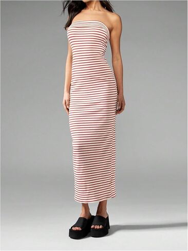 Milumia Women's Striped Tube Maxi Dress Ribbed Knit Strapless Split Backless Wedding Patrty Club Bodycon Long Dresses in Saudi Arabia