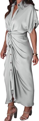 Sexyshine Women's Satin Button Down Shirt Dress Lapel V Neck Short Sleeve Tie Waist Ruched Wrap Cocktail Party Midi Dresses in Kuwait