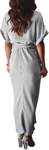 Sexyshine Women's Satin Button Down Shirt Dress Lapel V Neck Short Sleeve Tie Waist Ruched Wrap Cocktail Party Midi Dresses in Kuwait