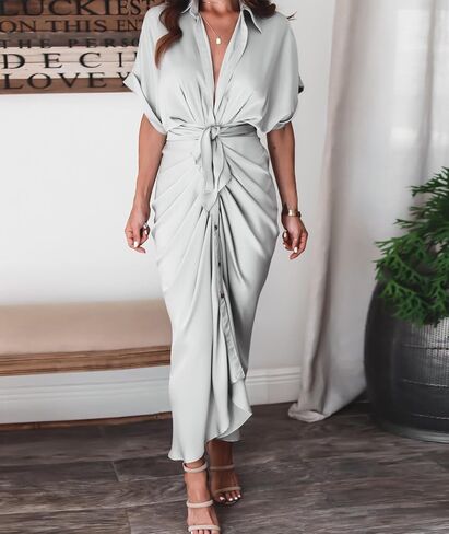 Sexyshine Women's Satin Button Down Shirt Dress Lapel V Neck Short Sleeve Tie Waist Ruched Wrap Cocktail Party Midi Dresses in Kuwait