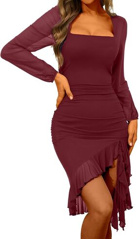 Square Neck Sexy Bodycon Midi Dress for Women Long Sleeve Ruffle Hem Cocktail Party Dresses 2025 in Kuwait