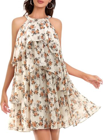 DRESSTELLS Women's Casual Halter Ruffle Tiered Dresses, Beach Wedding Cocktail Party Mini Sundress in Kuwait