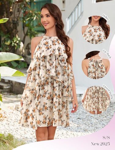 DRESSTELLS Women's Casual Halter Ruffle Tiered Dresses, Beach Wedding Cocktail Party Mini Sundress in Kuwait