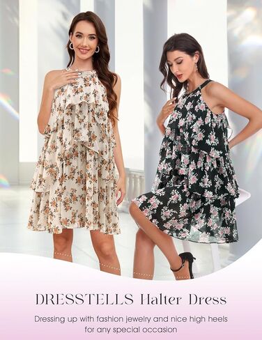 DRESSTELLS Women's Casual Halter Ruffle Tiered Dresses, Beach Wedding Cocktail Party Mini Sundress in Kuwait