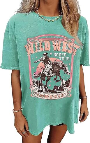 Oversized Western Cowboy Graphic Tees for Women Vintage Country Music Shirts Cowgirl Casual Short Sleeve Tops in Saudi Arabia