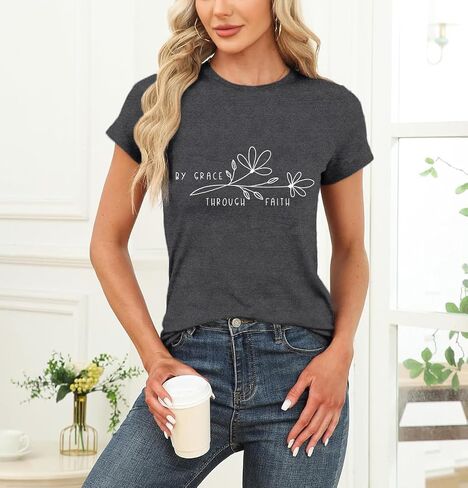Womens Christian Shirt Christ Faith T-Shirts Bible Verse by Grace Through Faith Tee Tops in Saudi Arabia