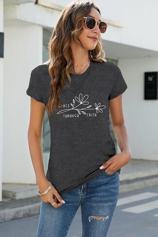 Womens Christian Shirt Christ Faith T-Shirts Bible Verse by Grace Through Faith Tee Tops in Saudi Arabia