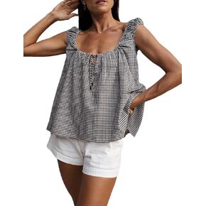 Women Tie Front Tank Tops Summer Sleeveless Square Neck Babydoll Shirts Casual Flowy Pleated Ruffle Top in Saudi Arabia