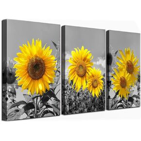 USIXA Sunflower Wall Art for Living Room Black White Flowers Wall Decor Yellow Floral Canvas Prints Painting Wood Frame with Hook Decorative Botanical Blossom Picture Artwork in 3 Panels 12×16 Inches in Saudi Arabia