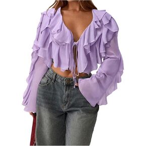 Floerns Women's Ruffle Trim Mesh Long Sleeve Blouses V Neck Tie Front Crop Tops in Saudi Arabia
