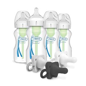 Dr. Brown’s Natural Flow® Anti-Colic Options+™ Wide-Neck Baby Bottle, 9 oz/270, Level 1 Nipple, 4-Pack, 0m+ with HappyPaci 100% Silicone Pacifier 0-6m, BPA Free, Cool Gray, Green, Ecru, 3 Pack in Saudi Arabia