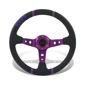 AJP Distributors Universal 350mm 14" Steering Wheel 6 Bolts Holes Black PVC Leather 4 Purple Pin Stripe Light Weight Aluminum 3 Spoke Center Deep Dish Horn Button Grip Stance JDM in Saudi Arabia