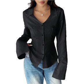SHENHE Women's Striped Button Down Long Sleeve Pinstripe Shirt V Neck Dressy Office Blouse in Saudi Arabia