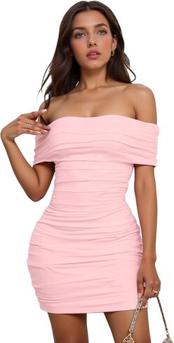 Womens Off Shoulder Sleeveless Bodycon Dresses Ruched Solid Sexy Graduation Cocktail Party Mini Dresses in Saudi Arabia