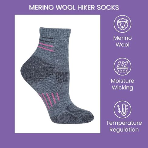 Wise Blend Ladies Merino Wool Blend Seamless Toe Hiker Quarter Crew Socks 3 Pair in Kuwait