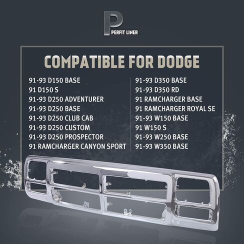 Perfit Liner New Front Chrome Grille Compatible with 1991-1993 DODGE D150 RAM Charger SUV Fits CH1200137 55026080 in Saudi Arabia