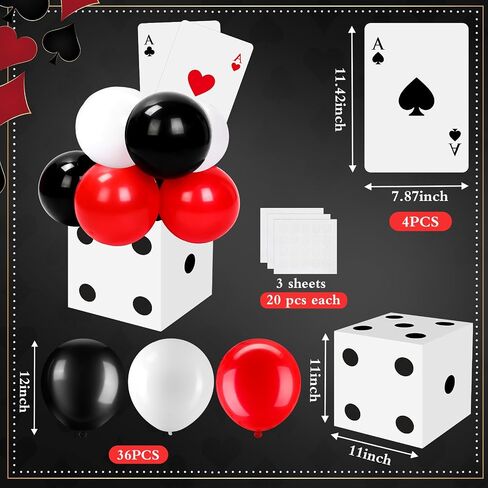 60 Pcs Casino Theme Party Decoration Including 8 Pcs 11 Inches Large Dice Boxes 16 Pcs Poker Cards 36 Pcs Balloons for Casino Night Dice Game Table Centerpieces Birthday Party Supplies in Saudi Arabia