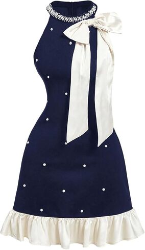 Floerns Women's Cute Bowknot Halter Dress Pearl Beaded Ruffle Hem Party Mini Dresses in Saudi Arabia