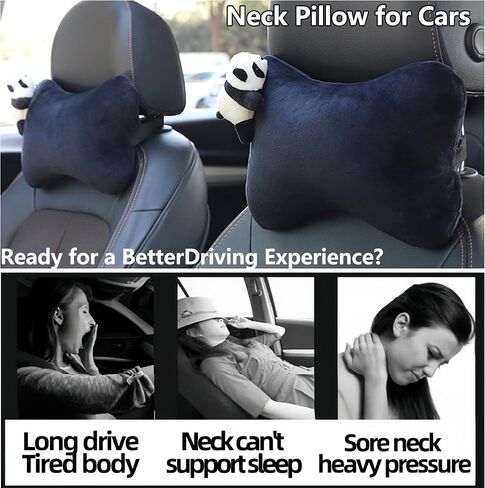 Car Headrest Pillow 2PCS Plush Bear ＆ Bunny Car Seat Headrest Pillow - Memory Foam Neck Support Cushions for Comfortable Driving, Easy Install & Washable (Black) in Kuwait