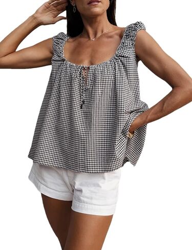 Women Tie Front Tank Tops Summer Sleeveless Square Neck Babydoll Shirts Casual Flowy Pleated Ruffle Top in Saudi Arabia
