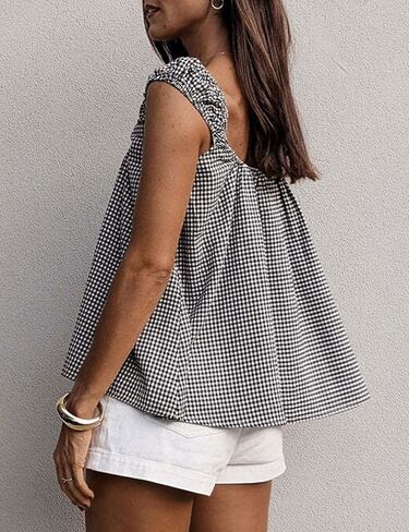 Women Tie Front Tank Tops Summer Sleeveless Square Neck Babydoll Shirts Casual Flowy Pleated Ruffle Top in Saudi Arabia