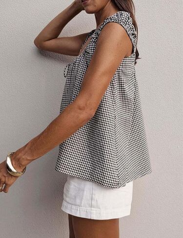 Women Tie Front Tank Tops Summer Sleeveless Square Neck Babydoll Shirts Casual Flowy Pleated Ruffle Top in Saudi Arabia