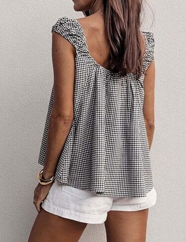 Women Tie Front Tank Tops Summer Sleeveless Square Neck Babydoll Shirts Casual Flowy Pleated Ruffle Top in Saudi Arabia