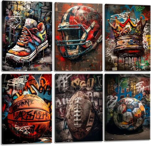 Graffiti Sport Wall Art American Football Basketball Prints Picture Colorful Crown Ball Sport Painting Poster Fashion Inspirational Canvas Wall Decor for Teen Boys Room Bedroom Decoration Unframed in Saudi Arabia